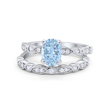 Two Piece Band Engagement Ring Oval Simulated Aquamarine CZ 925 Sterling Silver